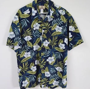 Hibiscus 2XL Hawaiian Moana Shirt Navy Blue Cotton Green Leaves Camp Hawaii USA - Picture 1 of 5