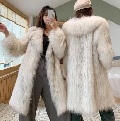 Women's White Beige Faux Fur Furry Mid Length Coat Winter Warm Parka Casual New - Image 1 of 4