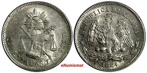 Mexico Zacatecas Silver 1884 Zs S 25 Centavos Scales AU KM#406.9 (13 876)