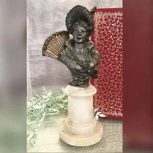 Spelter Antique Bust on Alabaster Art Nouveau Victorian Woman in Hat Bronzed - Picture 1 of 10
