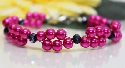 Glass Jewels Silber XL Armband Perlen Pink Sommer Zweireihig Länge 21,5 cm#GA039 - Bild 1 von 3