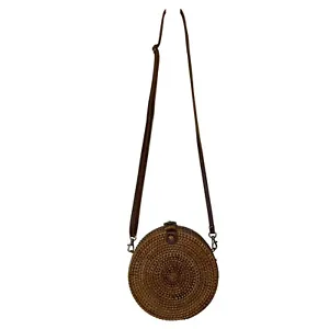 Vintage Rattan Purse Circular Crossbody Brown Wicker Bamboo Circle GUC - Picture 1 of 7
