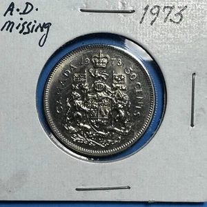 1973 50 Cents CANADA QEII Missing 'AD' ERROR (#CB-1-1-11) - Imagen 1 de 3