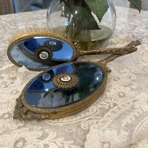 Vanity Guilloche Enamel Pink Rose Brush Mirror Venetian Antique Vtg Deco Blue - Picture 1 of 22