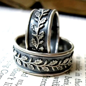 Men's 8mm Titanium Vintage Willow Leaves Grooved Non-Fading Fashion Band - Picture 1 of 5