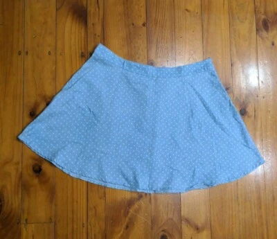 MISS SHOP - Vintage Mini Skirt Size 14 Blue Chambray Cotton Polka Dot Pin Up - image 1 of 4