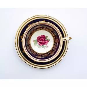 PARAGON Johnson Floating Red Rose Teacup & Saucer Set Cobalt Blue Gold Filigree - Picture 1 of 8