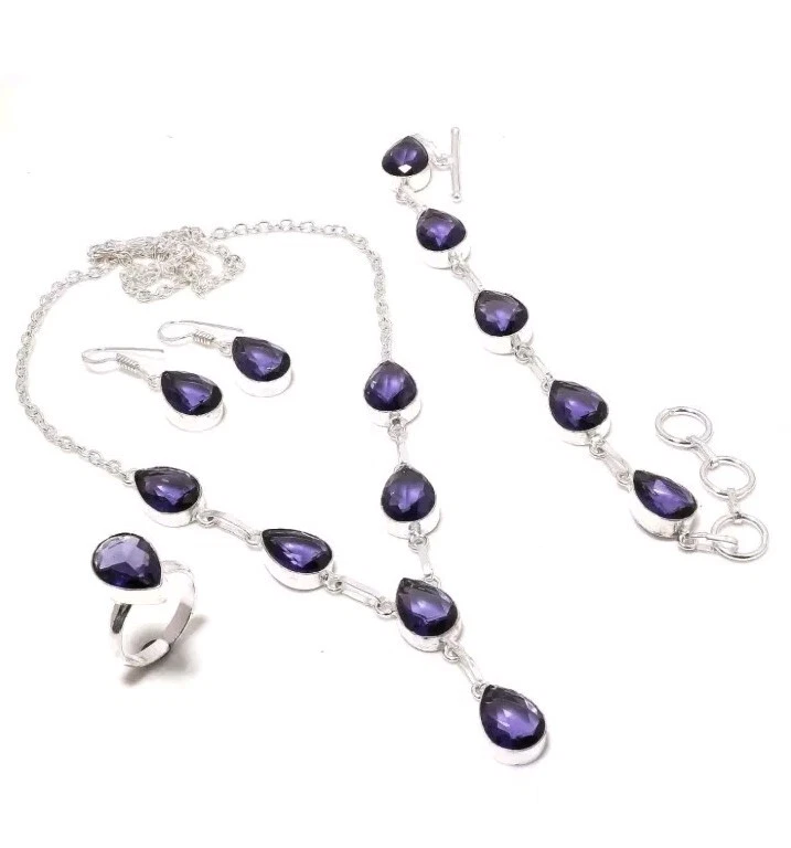 Juego de 4 piezas de joyas de plata de ley 925 hechas a mano con piedras preciosas de amatista Foto 1 de 1