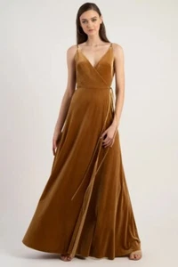 Jenny Yoo Größe 16 V-Ausschnitt Stretch Samt A-Linie Twirl Rock Kleid in Gold - Bild 1 von 10