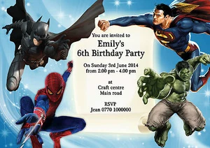 i32 Spider-man Hulk Batman Personalised invitations 4th 5th 6th 7th 8th 9th 10th - Picture 1 of 3