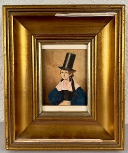 Antikes Miniatur Portrait Gemälde Frau mit Zylinderhut 19. Jahrhundert Österreichische Dame - Bild 1 von 4
