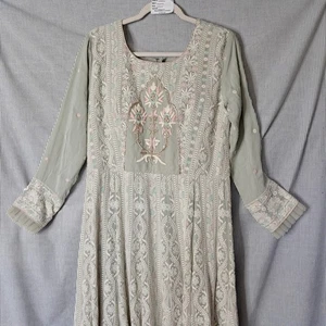 Embroidered Floral Dress Size L Pastel Green Pakistani Indian Anarkali Kurta - Picture 1 of 9