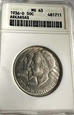 1936 D Arkansas Silver Commemorative Half Dollar ANACS MS63-Old Hldr-Highr Grade - Image 1 of 4