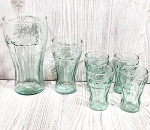 Coca-Cola Glasses 6 Tumblers Indiana Glass Green Tint 3 sizes - Picture 1 of 8