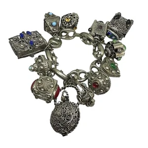 Pulsera estilo renacimiento etrusco Italia 800 plata piedras preciosas vidrio dije vintage - Imagen 1 de 14