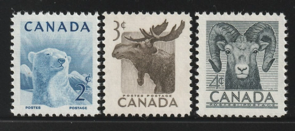 Canada #322-324, Wildlife, Polar Bear, Moose, Bighorn Sheep, MNH 1953 - Image 1 of 1