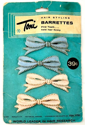 Vintage 1950s Toni Plastic Hair Styling Barrettes Set of 4 Blue and Pink Bows - Image 1 of 2