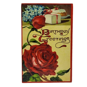 Birthday Greetings Red Roses Forget Me Not Gift Cake Antique 1910s Postcard Used - Picture 1 of 3