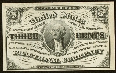 FR. 1226 3 c. 3rd Issue Fractional Note Light Background; Choice New - Image 1 of 2