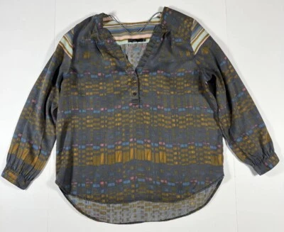 PrAna Top Womens Size Large Batik Rucked Long Sleeve V-Neck Artsy Boho Blouse - Image 1 of 4