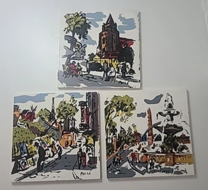 Lot of 3 1950s IMPRESSIONIST FRENCH SCENE CERAMIC TILE SIGNED POCHE' 6 " x 6" - Picture 1 of 5