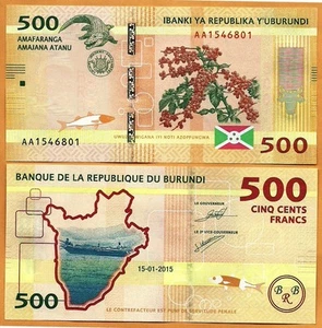 Billete de papel moneda Burundi 2015 unc 500 francos/Amafaranga P-50 - Imagen 1 de 1