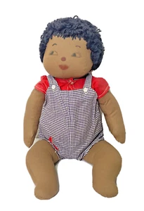 Handmade Cloth Rag Doll African American AA Girl Checkered Jumper Red Top OOAK - Picture 1 of 8