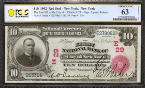 1902 $10 FIRST NATIONAL BANKNOTE CURRENCY FR.613 NEW YORK NY PCGS 63 CU (962) - Picture 1 of 2