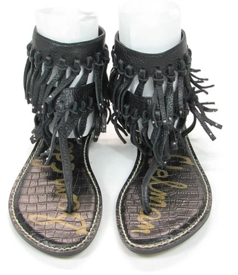 New Sam Edelman Black Leather Griffen Fringe Gladiator-Style Sandal Size 7.5 - Image 1 of 4