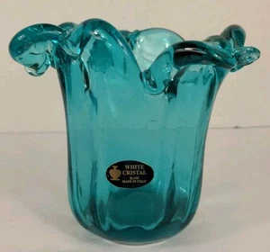 White Cristal Blue Handblown Murano Glass Vase Hand Made in Italy - Picture 1 of 7