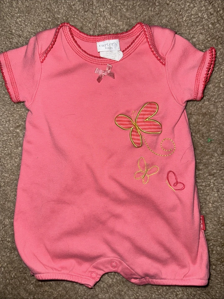 Vtg Carter’s Kids Girls Sz 0-3 M Coral S/S Romper with Embroidered Butterflies - Image 1 of 4