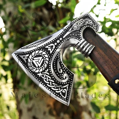 Hand Forged NORSE CELTIC Carbon Steel Viking Axe VALHALLA  Axe Throwing W/Sheath - Image 1 of 4