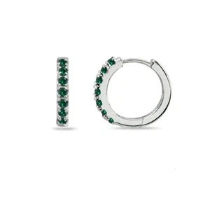 Sterling Silver Small 15mm Prong Simulated Emerald Round Huggie Hoop Earrings - Picture 1 of 3