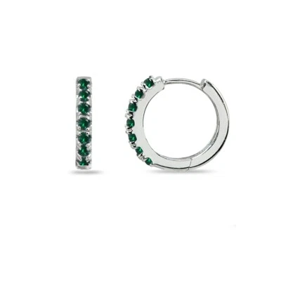 Sterling Silver Small 15mm Prong Simulated Emerald Round Huggie Hoop Earrings - Image 1 of 3