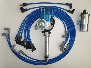 BLUE CHEVY 350 Small HEI Distributor +Chrome Coil+SPARK PLUG WIRES under exhaust - Bild 1 von 1