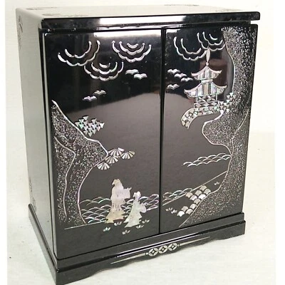 Japanese Lacquer Small Jewelry Box Three-Drawer Chest H8.07inch Mother of Pearl - Image 1 of 4