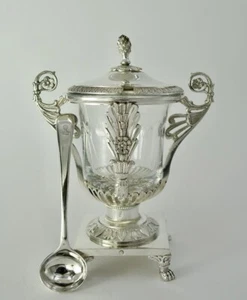 Antique French Sterling Silver Crystal Mustard Pot & Spoon with Handles 19th C - Picture 1 of 13