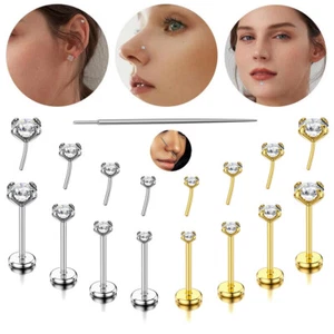 20G 18G Push in Theadless Nose Ring Studs Hypoallergenic Flat Back Nose Piercing - Picture 1 of 10