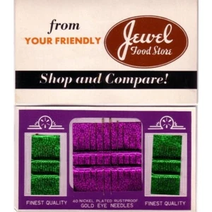 paquete de 40 agujas de coser doradas a prueba de óxido de ojo de JEWEL Foods, Chicago c.1960 - Imagen 1 de 4