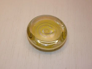 Jim Malone Art Glass Paperweight, Clear w Yellow Swirl Design - Picture 1 of 5