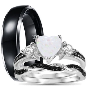 LaRaso & Co His Hers Wedding Ring Set 3 Piece Trio Sterling Silver Black Couples - Picture 1 of 6