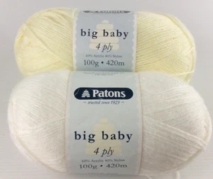 100g PATONS 4ply Big Baby Lemon 9927 & 100g Big Baby Cream 2656 - Picture 1 of 5