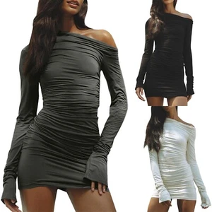 Fashion Womens Casual Solid Color Sexy Pleated Long-Sleeved O-Neck Hip Dress - Picture 1 of 25