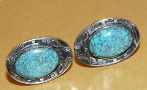 ~OLD~PAWN~NATIVE~NAVAJO~STERLING~SILVER~w/~TURQUOISE~HORSESHOE~&~STAR~CUFFLINKS~