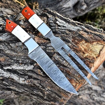 AJ SANITY KNIVES Vintage Design Damascus Steel Steak knife & fork pair Dining Bone & Wood Handle