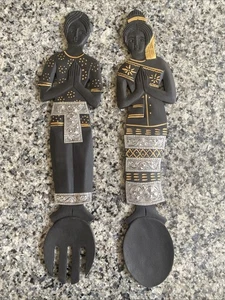 Vintage Thai Asiatisch Handgeschnitzt Holz mit Silber - Gabel & Löffel Wandbehang Set Gold - Bild 1 von 10