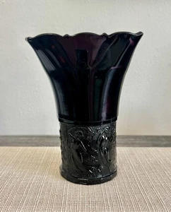 Vintage L.E. Smith Art Deco Black Amethyst Glass Vase Dancing Ladies Snake Nymph - Picture 1 of 11