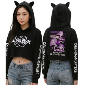 KPop Demon Hunters Cat-Ears Crop Hoodie – Girls Long Sleeve Sweatshirt, Small - Picture 1 of 3