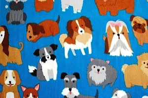 BTY* PUPPY/DOG PARTY WITH MULTIPLE DOGS ON ROYAL BLUE FLEECE FABRIC 1 YD 60x36" - Picture 1 of 5