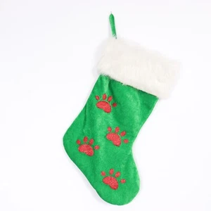 Puppy Dog Paw Prints Christmas Stocking Holiday Bright Green & Red - Picture 1 of 4